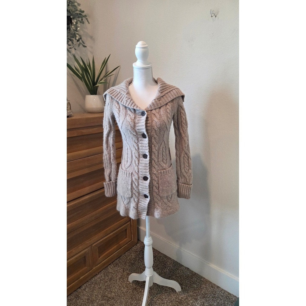 Banana Republic Beige Cable Knit Lambswool Angora Cardigan Sweater Belted Medium - Picture 11 of 16